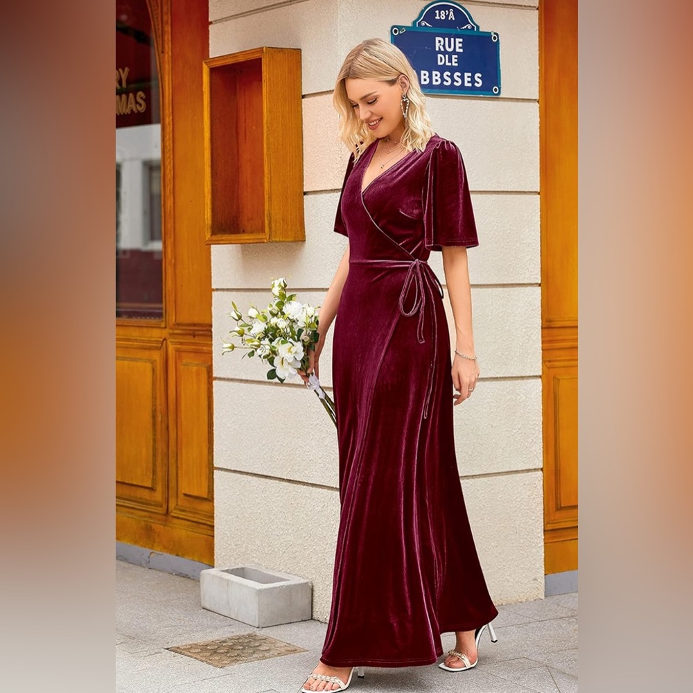 Elegant Velvet Wrap Midi Dress in Burgundy